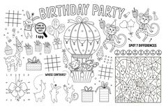 a birthday party coloring page with balloons and animals