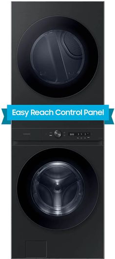 two washers side by side with the words easy reach control panel on top and bottom