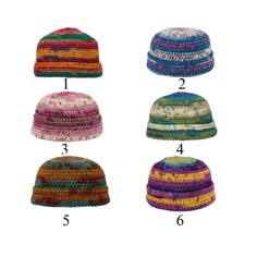 four hats are shown in different colors and sizes