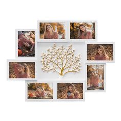 a white frame with photos and a tree on it