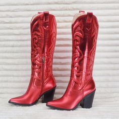 Berness | Shoes | Electric Cowboy Brush Metallic Matte Western Knee High Cowgirl Boots Red | Poshmark Red Metallic Cowboy Boots, Red Leather Snip Toe Mid-calf Boots, Red Ankle Boots For Winter, Red Round Toe Mid-calf Boots For Fall, Western Style Red Leather Mid-calf Boots, Red Winter Boots With Round Toe, Red Boots With Round Toe For Winter, Red Round Toe Boots For Winter, Red Leather Mid-calf Boots With Round Toe