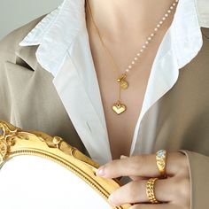 Style: Female Material: Titanium Steel, Imitation Pearl Pearl Type: Uncultured Pearl Color: White Pearl Shape: Round Necklace Length: 44cm Gold Beads Chain, Retro Love, Love Pendant, Beads Chain, Y Necklace, Round Necklace, Just Because Gifts, Pearl Types, Pearl Color