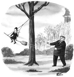 a man in a suit is swinging on a broom next to a tree with another man