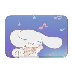 a cartoon bunny playing the guitar with music notes on it's back and blue background