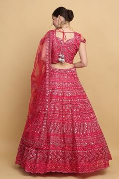 Festive red lehenga with an attached cancan and mirror and thread embroidery. Comes with a padded blouse and a dupatta. - Aza Fashions Festive Resham Embroidery V-neck Lehenga, Red Bohemian Lehenga With Resham Embroidery, Seema Gujral Red Lehenga, Red Semi-stitched Bohemian Lehenga, Red Resham Embroidered Floor-length Lehenga, Red Lehenga, Fashion App, Bridal Lehenga, Aza Fashion