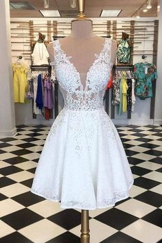 Party Lace Dress With Sheer Bodice, Lace Knee-length Homecoming Dress, Knee-length Lace Homecoming Dress, Summer Wedding Lace Dress With Illusion Neckline, Elegant Homecoming Dresses With Lace Patchwork, Sheer Sleeveless Lace Wedding Dress, A-line Lace Prom Dress, Homecoming Lace Dress, Lace Homecoming Dress With Lace Patchwork