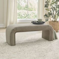 a bench sitting on top of a white rug in front of a window with potted plants