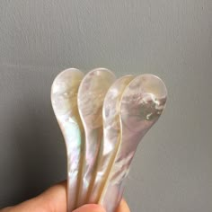 a hand holding three white seashells in front of a gray wall