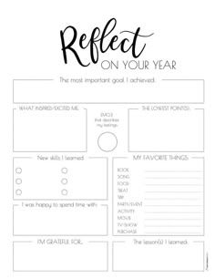 a printable book report with the words reflect on your year written in black and white