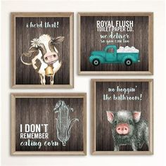 four framed pictures with animals and farm sayings on the front, including a cow, pig