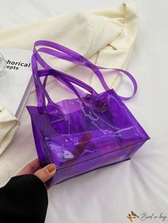 BirdinBag - PVC Mini Square Bag in Clear Purple Hue Casual Plastic Bags With Clear Strap, Trendy Plastic Tote Shoulder Bag, Plastic Shoulder Bag, Casual Everyday Plastic Bag, Plastic Tote Shoulder Bag For Shopping, Trendy Plastic Travel Bags, Plastic Satchel Shoulder Bag, Large Capacity Plastic Shoulder Bag For Shopping, Purple Portable Bags For Daily Use