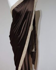 'Chocolate Brownie' Saree Soft Satin Silk Saree with Handmade Pearl Border and matching blouse material. Satin Saree With Pearl Border, Festive Brown Pre-draped Saree For Wedding, Elegant Brown Party Sets, Fitted Brown Sets With Pallu, Festive Brown Elegant Dupatta, Fitted Brown Sets For Festivals, Festive Brown Sets With Pallu Detail, Elegant Brown Dupatta For Festive Occasions, Elegant Brown Dupatta For Festivals