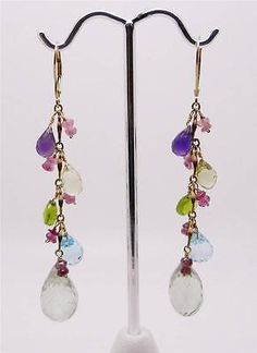 14K YELLOW GOLD VINTAGE AQUAMARINE AMETHYST PERIDOT TOPAZ DANGLING EARRINGS  | eBay Connector Earrings, Cluster Jewelry, Beaded Earrings Diy, Down Payment, Paypal Payment, Dangling Earrings, Gift Jewelry, Gorgeous Earrings, Diy Earrings