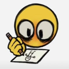 an emoticive smiley face holding a pen and writing on a piece of paper