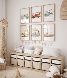 a child's room decorated in neutral tones with toys and artwork on the wall