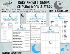 baby shower games celestial moon and stars printables to choose from, instant play