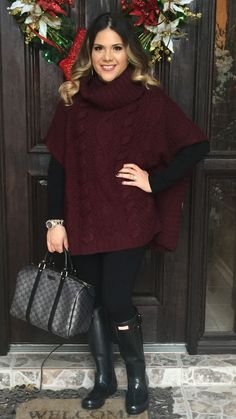 Burgundy turtleneck cable knit poncho | sweater | black leggings | black hunter boots | glossy | outfit ideas | rainy day | New Year's Eve | style | mommy style | winter | what to wear | Gucci | medium joy Boston bag | gunmetal | Hunter Boots Outfit, Winter Teacher Outfits, Knit Poncho Sweater, Winter Bags, Boating Outfit, Winter Leggings, Outfit Winter, Poncho Sweater