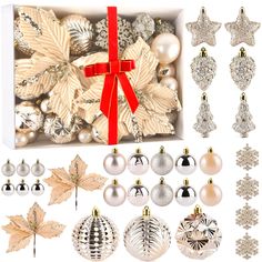 an assortment of christmas ornaments in a box