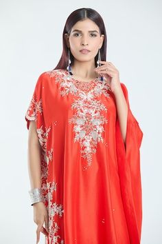 Red kaftan with contrasting floral, dori, cutdana and pearl embroidery. Comes with solid draped skirt. - Aza Fashions Evening Kaftan With Dupatta, Red Silk Bollywood Kaftan, Festive Embroidered Kaftan With Cape Sleeves, Red Designer Kaftan For Navratri, Designer Red Kaftan For Navratri, Red Dabka Work Kaftan For Navratri, Elegant Red Designer Kaftan, Elegant Red Designer Wear Kaftan, Navratri Red Kaftan With Dabka Work