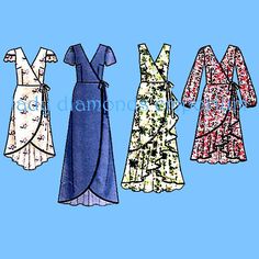 four dresses are lined up on a blue background