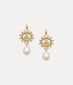 Amaya Drop Earrings in -GOLD-CREAMROSE-Pearl | Vivienne Westwood® Byzantine Earrings, Eastpak Backpack, Ancient Jewels, Into The Future, Gold Drop Earrings, Pearl Drop, Baroque Pearls, Vivienne Westwood, Designer Earrings