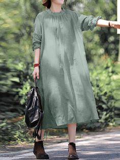 Solid 3\/4 Sleeve O-neck Pocket Loose Vintage Dress for Women Spring Midi Dress With Pockets And Half Sleeves, Casual Green Midi Dress With 3/4 Sleeves, Casual Midi Dress With 3/4 Sleeves And Pockets, Casual Midi Dress With Pockets And 3/4 Sleeves, Vintage Style Dresses, Yellow Fashion, Style Dresses, Dress For Women, Vintage Dress