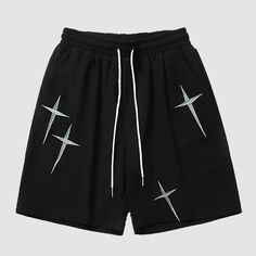 Features: Unisex Casual Loose fit High-waisted Twinking star embroidered design Material: 80% Cotton Shorts Embroidery, Embroidery Shorts, Grid Texture, Shorts Design, Costume Bags, Cross Embroidery, Texture Fabric, Star Embroidery, Embroidery Cross