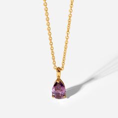 Celebrate personal significance with the Birthstone Necklace, featuring a chosen gemstone on an 18k gold-plated chain. This necklace offers a meaningful and elegant way to wear your birth month or a loved one's. Elegant Gold Amethyst Birthstone Necklace, Amethyst Necklace With Delicate Chain For Gift, Delicate Amethyst Chain Necklace As A Gift, Delicate Amethyst Chain Necklace For Gift, Amethyst Birthstone Necklace In Yellow Gold For Gift, Amethyst Birthstone Necklace In Yellow Gold As A Gift, Yellow Gold Birthstone Necklace With Amethyst, Gold Teardrop Amethyst Necklaces, Amethyst Birthstone Necklace In Teardrop Shape