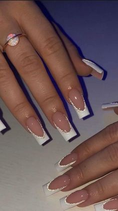 White Acrylic Nails With Glitter, Hairstyle 2024, Occasion Nails, Paznokcie Hello Kitty, Nails With White, Glitter Nails Acrylic, Nails Stiletto