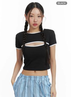 Color Block Cutout Crop Tee OM428 - Acubi style | LEWKIN Trendy Summer Crop Top T-shirt, Black Y2k Cropped T-shirt For Spring, Edgy Cropped T-shirt For Spring, Spring Y2k Crop Top With Crew Neck, Edgy Short Sleeve Crop Top For Spring, Edgy Crop Top For Summer, Spring Y2k Style Crop Top With Crew Neck, Spring Y2k Crew Neck Crop Top, Spring Y2k Style Crew Neck Crop Top