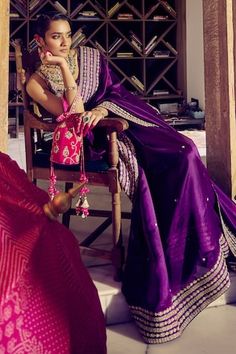 Bangani saree with gold gota, marodi embroidered border. Comes with floral embroidered blouse. - Aza Fashions Punit Balana, Saree Organza, Purple Saree, Embroidered Border, Blouse For Women, Silk Embroidery, Embroidered Blouse, Aza Fashion, Boat Neck