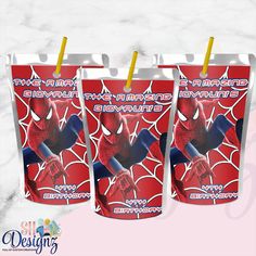 three spiderman tumblers with straws in them