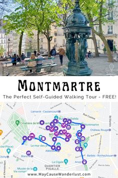 a map with the words montmartre on it and an image of a fountain