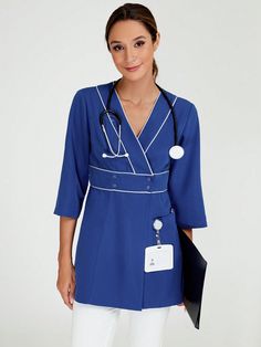 V-Neck Lab Scrubs Nurse Uniform  Overscrub Top With Pockets For Dental Clinic Veterinary Hospital Caregiving Workwear Blue Casual  Half Sleeve Woven Fabric Colorblock,Plain  Non-Stretch  Women Uniforms & Special Clothing, size features are:Bust: ,Length: ,Sleeve Length: Police Halloween Costumes, Police Costume, Dental Hospital, Women's Uniforms, Nurse Hat, Veterinary Hospital, Special Clothes, Nurse Uniform, Scrubs Nursing