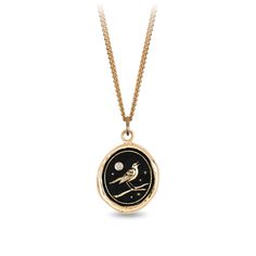 Beak open in song, the nightingale on this talisman encourages the wearer to let the beauty of their voice be heard, even in the darkest hours. The Nightingale, Antique Wax, Amulet Necklace, Nightingale, Sustainable Jewelry, Recycled Metal, Diamond Set, Gold Collection, Black Ceramic