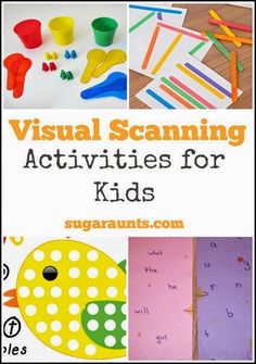 several different pictures with the words visual scanning activities for kids on them, including letters and numbers