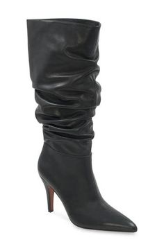 Take your everyday look up a notch with this effortlessly slouched boot grounded by a pointy toe and impeccable stiletto heel. 3 3/4" heel 12 1/2" shaft; 14" calf circumference Pull-on style Cushioned footbed Leather upper/textile and leather lining/leather sole Imported Chic Heeled Boots With High Shaft And Medium Width, Fitted Knee-high Boots With Sculpted Heel For Fall, Tall Boots With Stacked Heel And Pointed Toe, Formal Mid-calf Boots With Wide Calf And High Shaft, Fall Heeled Boots For Night Out With 4-inch Heel, Chic Spring Mid-calf Boots With Snip Toe, Chic Heeled Boots With Snip Toe For Spring, Chic High Heel Boots With Sculpted Heel, Chic Spring Heeled Boots With Snip Toe