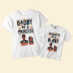 Show off your pride as a Black Dad with our Dad Shirt! This Father's Day Gift T-shirt is designed for the modern dad, featuring the empowering message "Daddy Of A Princess" and "Daughter Of A King." It's the perfect gift for fathers and daughters who want to express their special bond. Let the world know that you're a proud dad and that your daughter is your little princess with this Daddy's Girl Tee. Whether you're spending quality time together or creating lasting memories, this shirt is a symbol of the unbreakable connection between a father and his daughter. Get this meaningful Daughter Gift now and celebrate the love between a dad and his princess! MESSAGE: Daddy Of A Princess Daughter Of A King.PRODUCT DETAILS: 100% cotton (99% for ash/grey colors, 50% for hoodie) Decoration type: Di Father's Day Family Text Print T-shirt, Father's Day White T-shirt With Custom Print, Father's Day Graphic Tee With Custom Print, Father's Day Custom Print Graphic Tee, Customizable T-shirt For Father's Day, Father's Day Family Cotton T-shirt, Father's Day White Shirt With Custom Print, Custom Print White Shirt For Father's Day, Father's Day Customizable Graphic T-shirt