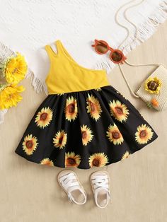 Baby Girl One Shoulder Sunflower Print Dress Multicolor   Sleeveless Fabric Floral A Line Slight Stretch Summer Baby Girls Clothing, size features are:Bust: ,Length: ,Sleeve Length: Yellow Aesthetic, Sunflower Print, Summer Baby, Girls Clothing, Dress P, Baby Dress