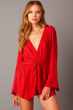 What If Red Long Sleeve Wrap Romper Party Top With Tie Waist And V-neck, Party V-neck Top With Tie Waist, V-neck Top With Tie Waist For Party, Spring V-neck Wrap Top In Solid Color, Fall V-neck Wrap Top With Tie Waist, V-neck Wrap Top For Party, Spring Night Out V-neck Wrap Top, V-neck Wrap Top For Night Out In Spring, Spring V-neck Wrap Top For Night Out