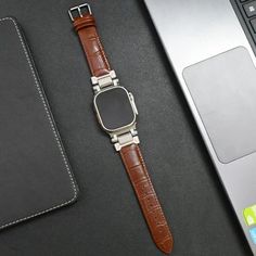 PU Leather Strap for Apple Watch Ultra 2 band Luxury Men Bracelet for Series 9 3 Brown Rectangular Wrist Strap For Watches, Silver Rectangular Watch Accessory With Leather Strap, Silver Rectangular Watch With Leather Strap, Brown Rectangular Watch Strap, Luxury Rectangular Leather Bracelet, Business Brown Bracelet Strap Apple Watch Band, Brown Rectangular Watch Accessories With Bracelet Strap, Business Watch Bands With Adjustable Bracelet Style, Brown Rectangular Bracelet Strap Watch Accessories