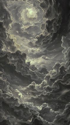 the painting is black and white with clouds