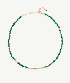 Emerald Beaded Necklace with 18K Gold Plated Accents | Elegant Women's Jewelry | MaiaMina Gold Emerald Necklace With Rondelle Gemstone Beads, Gold Emerald Rondelle Necklace, Gold Beaded Necklaces With Gemstone Beads For May Birthstone, Gold Gemstone Beaded Necklace For May Birthstone, Adjustable Yellow Gold Necklace With Gemstone Beads, Gold Beaded Necklaces For May Birthstone, Gold Emerald Necklace With Polished Beads As Gift, Gold Emerald Necklace With Round Beads Single Strand, Gold Emerald Necklace With Round Beads