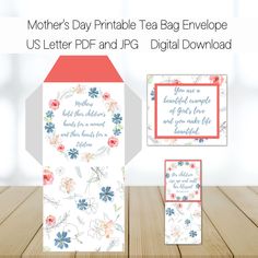 the mother's day printable tea bag envelope is shown with its matching card and envelope