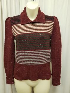 Vintage 1970s Karl Logan Cookies Burgundy Sweater Shirt Top, Acrylic Wool, Striped, Patterned Pullover.  Top is in excellent condition - (see pics)! Measurements: shoulder to shoulder 14 in, chest 33 in, sleeves 21, back of neck to bottom length 22, waist 28 stretch to 34 in. Vintage Wool Sweater, Vintage Brown Tops For Winter, Vintage Brown Top For Winter, Retro Fall Sweater, Vintage Burgundy Tops For Fall, Fitted Long Sleeve Vintage Sweater, Funky Sweaters, 70s Sweater, College Sweater