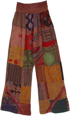 A pair of boho pants with smaller waist, which takes you on a desert safari with their unique re-cycled mixed patchwork patterns.  The cotton pants have an airy and comfortable ruched yoga waist (no waistband or added elastic) that can be folded down to fit the waist. #tlb #SplitSkirtsPants #Patchwork #bohemianfashion #Indian #Handmade #PatchworkBohemianPants #YogaPants #FallPatchworkpants #HippiePants #HippiePartyPants Little Bazaar Pants, Bohemian Wide Leg Bottoms With Patchwork, Festival Brown Patchwork Bottoms, Brown Patchwork Summer Pants, Brown Patchwork Pants For Summer, Summer Brown Patchwork Pants, Bohemian Summer Bottoms With Floral Patchwork, Bohemian Patchwork Pants For Spring, Hippie Floral Patchwork Bottoms For Festival