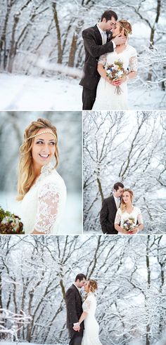 the bride and groom are posing for pictures in front of snow covered trees at their wedding