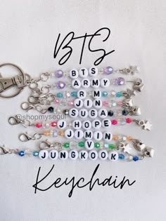 Customized Kpop group bias keychains made to order! How to order: 1. choose your bias 2. choose the color scheme! 3. In the personalization box below, choose the type of charm (heart or star) at the end of your keychain. If nothing is chosen, the charm will be chosen at random. *Shipping: Please keep in mind that the Etsy estimated delivery dates are not usually correct. These are ESTIMATED dates. I ship out all orders with USPS in standard envelopes with a standard stamp. Therefore, there will Bts Accessories, Kpop Jewelry, Bts Diy, Bts Bracelet, Army Accessories, Beads Keychain, Bts Merchandise, Pop Jewelry, Bts Tattoos