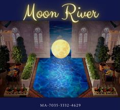 the moon river sign is lit up in front of a building with water and plants