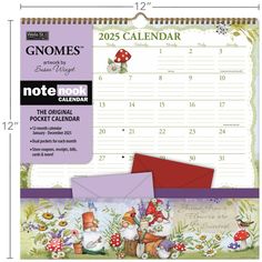 a calendar with gnomes and mushrooms on it